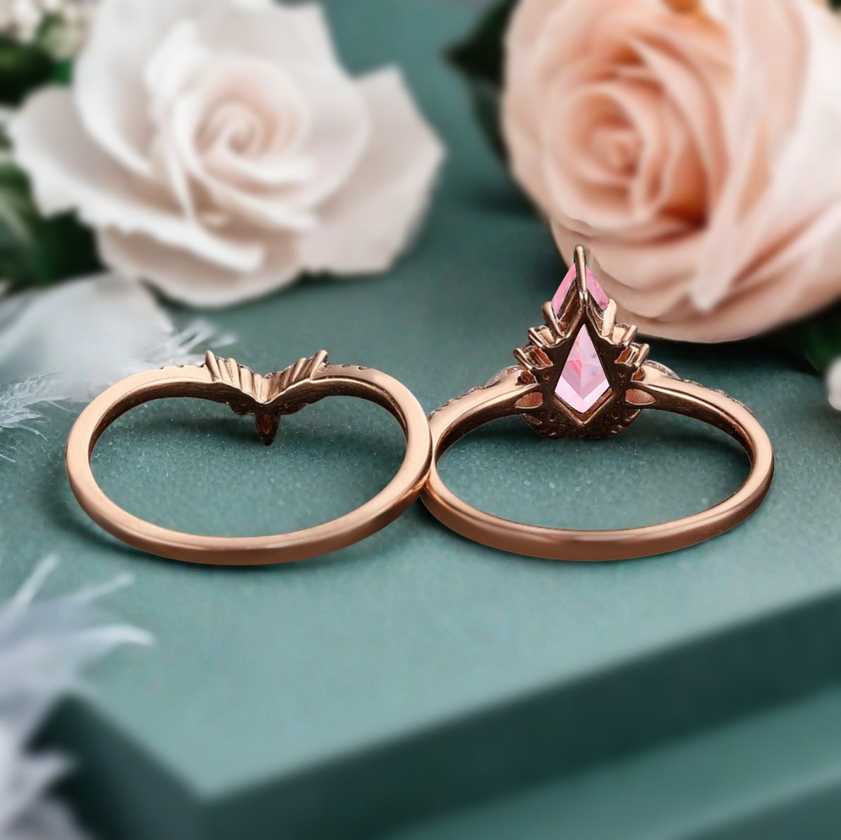 Unique Kite Cut Pink Sapphire Engagement Ring Set Vintage Solid Gold Diamond Ring Set Women Bridal Promise Wedding Ring Set Anniversary Gift