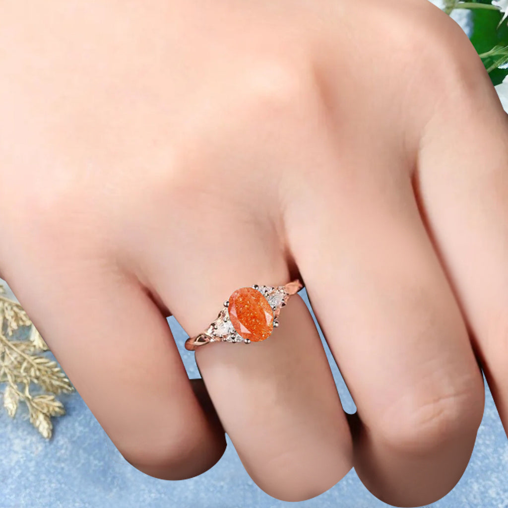 Vintage Oval Cut Sunstone Engagement Ring Unique Moissanite Wedding Ring Art Deco Rose Gold Ring Dainty Bridal Ring Anniversary Gift Ring