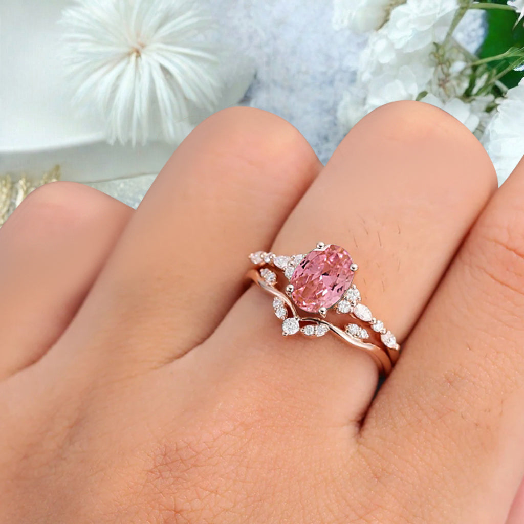 Oval Cut Pink Sapphire Engagement Women Ring Vintage Pink Sapphire Rose Gold Art Deco Diamond Cluster Bridal Anniversary Wedding Ring Set