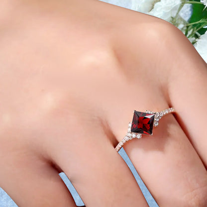 Princess Ruby Engagement Ring 14K Solid Gold Promise Ring Cluster Diamond Ring Unique Bridal Moissanite Promise Ring Gift For Her