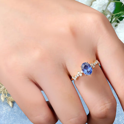 Unique Blue Topaz Ring 14K Solid Gold Vintage Oval Blue Topaz Engagement Ring Art Deco Moissanite Promise Ring Anniversary Gift For Women