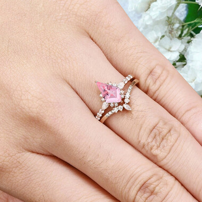 Unique Kite Cut Pink Sapphire Engagement Ring Set Vintage Solid Gold Diamond Ring Set Women Bridal Promise Wedding Ring Set Anniversary Gift