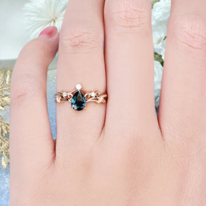 Vintage pear shaped alexandrite engagement ring leaf ring art deco bridal ring 14k rose gold ring for women promise bridal ring unique ring