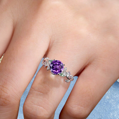 Round cut Purple Amethyst ring Vintage White gold Leaf engagement ring Marquise cut Moss Agate ring Nature inspired Twig ring Gift