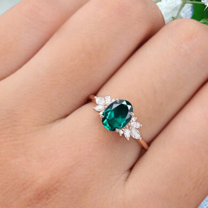 Unique Vintage Oval Cut Emerald Ring Solid 18k Rose Gold Ring Handmade Moissanite Engagement Ring Promise Bridal Ring Anniversary Gift