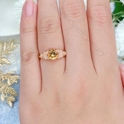 Round Cut Citrine Engagement Ring Leaf Marquise Moissanite Vintage Citrine Wedding Floral Ring Promise Anniversary Gift