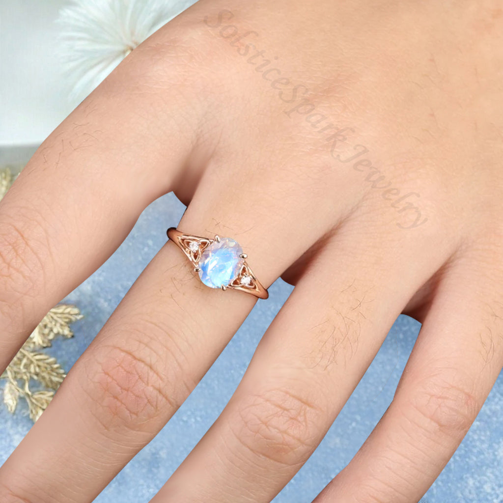 Oval Cut Moonstone Engagement Ring Vintage Unique Rose Gold Blue-White Agate Wedding Ring Handmade Bridal Promise Ring Anniversary Gift Ring