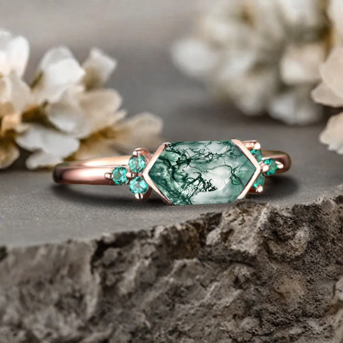 Vintage Moss Agate Hexagon Engagement Ring Cluster Emerald Ring Bezel Setting Ring 14K Yellow Gold Ring Promise Ring Gift