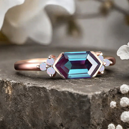 Vintage Alexandrite Hexagon Engagement Ring Cluster Opal Ring Bezel Setting Ring 14K Yellow Gold Ring Promise Ring Gift