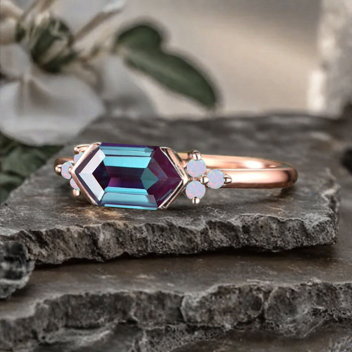 Vintage Alexandrite Hexagon Engagement Ring Cluster Opal Ring Bezel Setting Ring 14K Yellow Gold Ring Promise Ring Gift