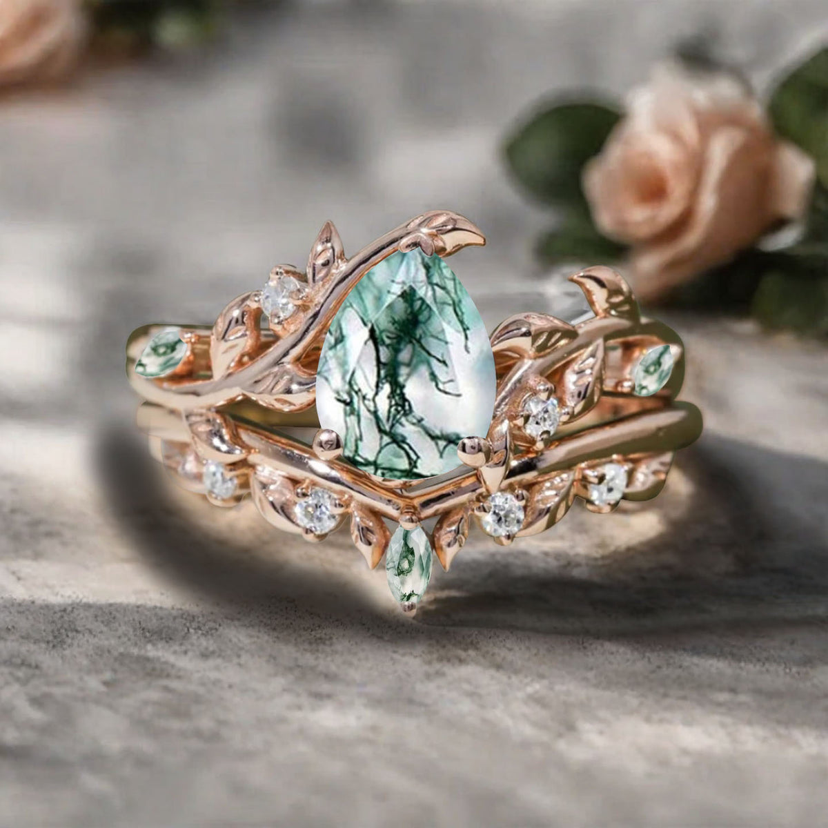Unique Pear Cut Moss Agate Engagement Women Ring Vintage Rose Gold Art Deco Cluster Leaf Nature Inspired Moss Agate Bridal Wedding Ring Set