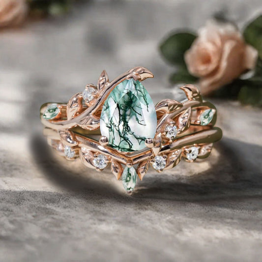 Unique Pear Cut Moss Agate Engagement Women Ring Vintage Rose Gold Art Deco Cluster Leaf Nature Inspired Moss Agate Bridal Wedding Ring Set