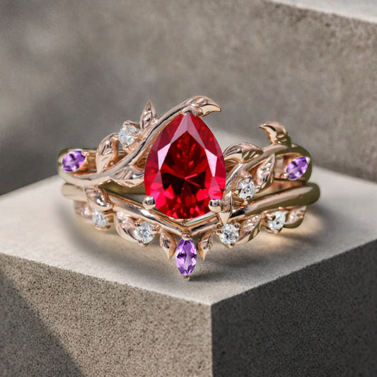Unique Pear Cut Ruby Engagement Women Ring Vintage Rose Gold Art Deco Cluster Leaf Nature Inspired Amethyst Bridal Wedding Ring Set