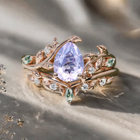 Unique Pear Cut Amethyst Engagement Women Ring Vintage Rose Gold Art Deco Cluster Leaf Nature Inspired Moss Agate Bridal Wedding Ring Set