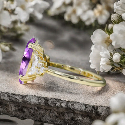 Marquise cut Amethyst Engagement ring set Vintage Rose Gold Cluster Marquise cut Diamond Bridal set Promise Anniversary Ring Set Women