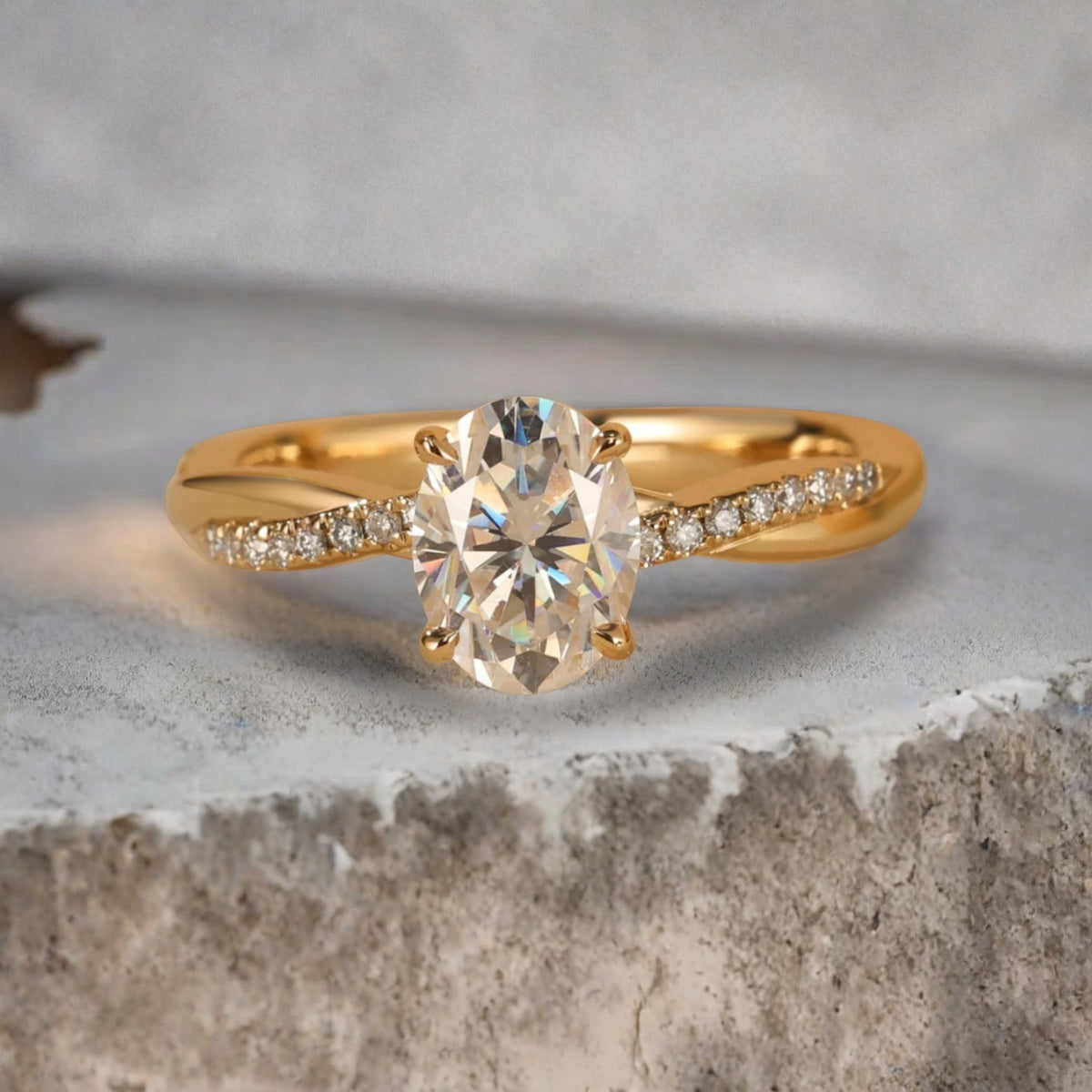Oval Cut Petite Twist Vine Moissanite Engagement Ring 14k Yellow Gold Art Nouveau inspired with pave moissanite accents ideal for women