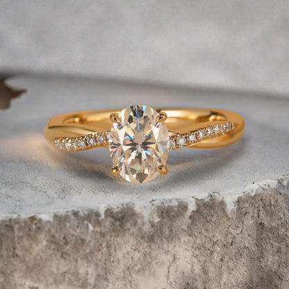 Oval Cut Petite Twist Vine Moissanite Engagement Ring 14k Yellow Gold Art Nouveau inspired with pave moissanite accents ideal for women
