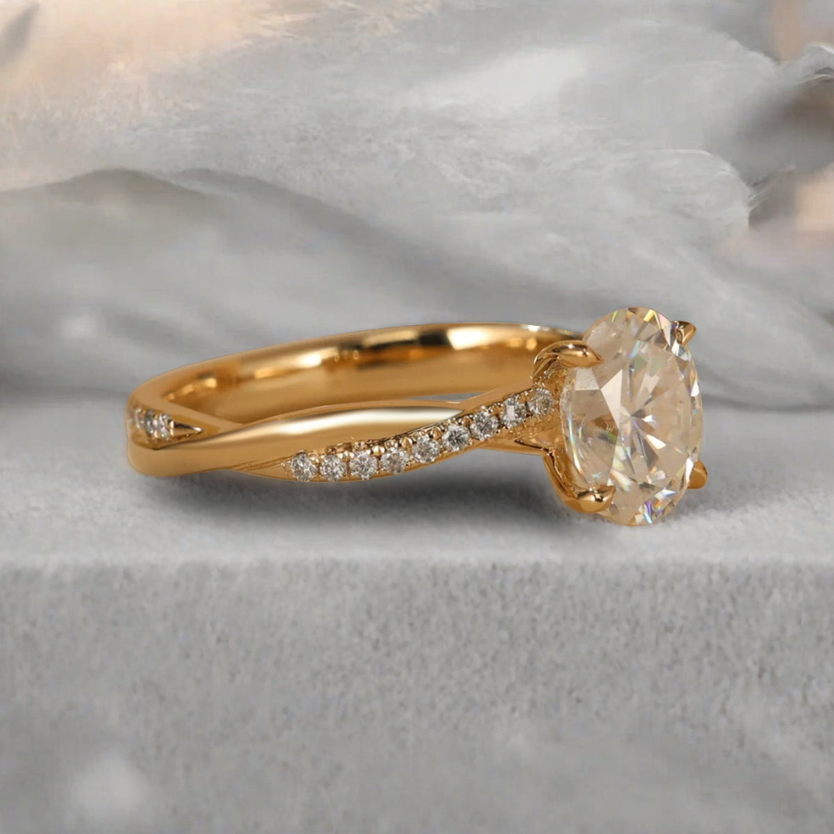 Oval Cut Petite Twist Vine Moissanite Engagement Ring 14k Yellow Gold Art Nouveau inspired with pave moissanite accents ideal for women
