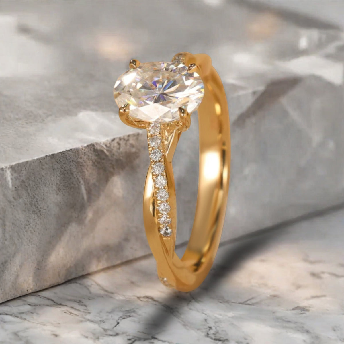 Oval Cut Petite Twist Vine Moissanite Engagement Ring 14k Yellow Gold Art Nouveau inspired with pave moissanite accents ideal for women