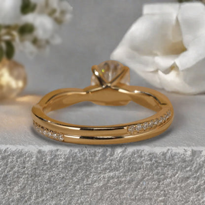 Oval Cut Petite Twist Vine Moissanite Engagement Ring 14k Yellow Gold Art Nouveau inspired with pave moissanite accents ideal for women
