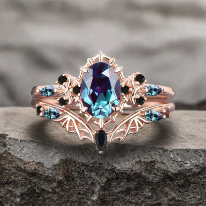 Vintage Oval Cut Lavender Alexandrite Engagement Ring Set Women Unique Rose Gold Black Onyx Bridal Wedding Ring Set Anniversary Gift