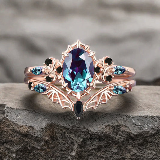Vintage Oval Cut Lavender Alexandrite Engagement Ring Set Women Unique Rose Gold Black Onyx Bridal Wedding Ring Set Anniversary Gift