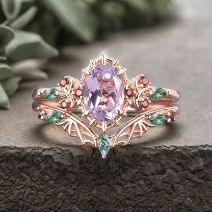 Vintage Oval Cut Lavender Amethyst Engagement Ring Set Women Unique Rose Gold Green Moss Agate Ruby Bridal Wedding Ring Set Anniversary Gift