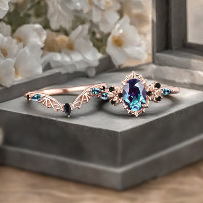 Vintage Oval Cut Lavender Alexandrite Engagement Ring Set Women Unique Rose Gold Black Onyx Bridal Wedding Ring Set Anniversary Gift