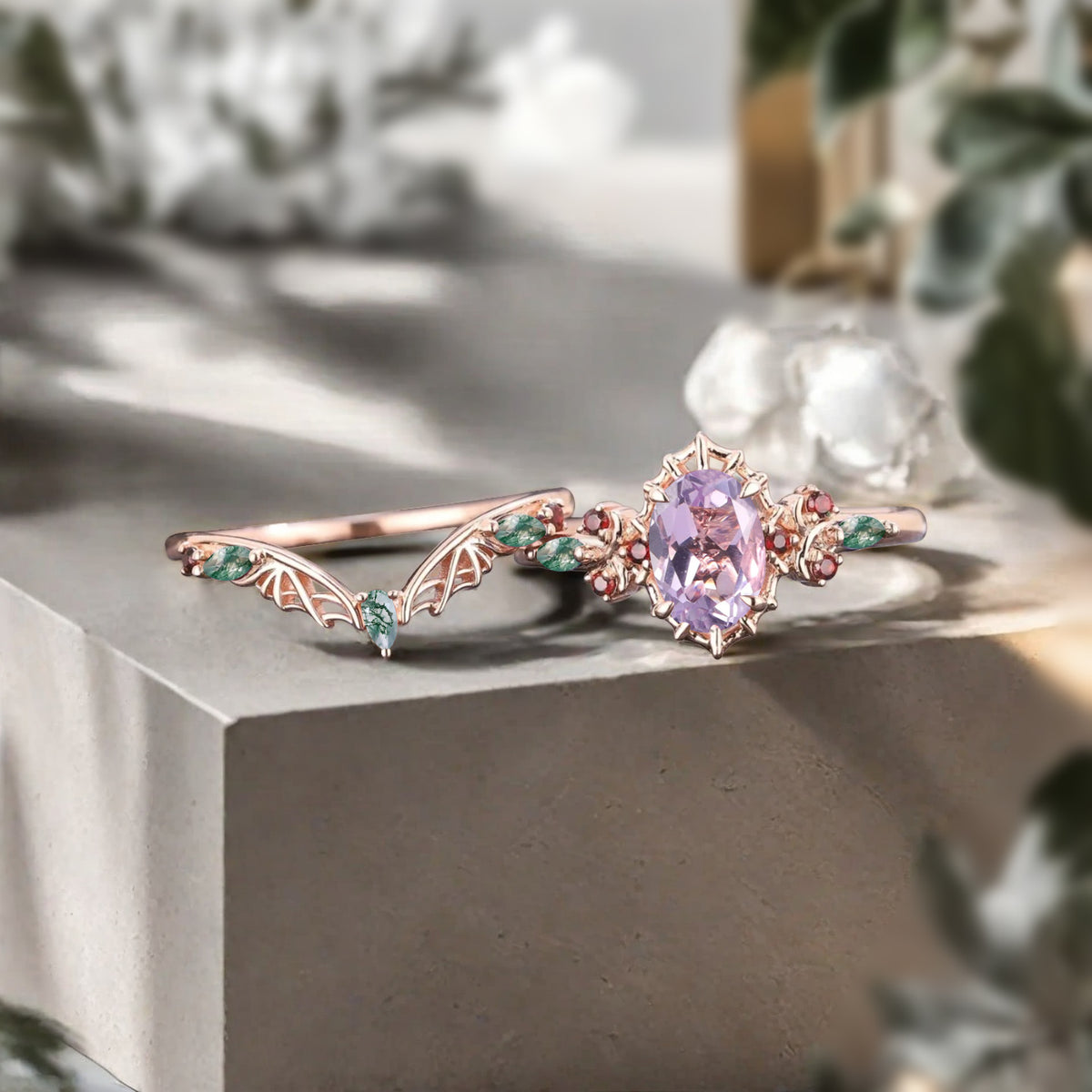 Vintage Oval Cut Lavender Amethyst Engagement Ring Set Women Unique Rose Gold Green Moss Agate Ruby Bridal Wedding Ring Set Anniversary Gift