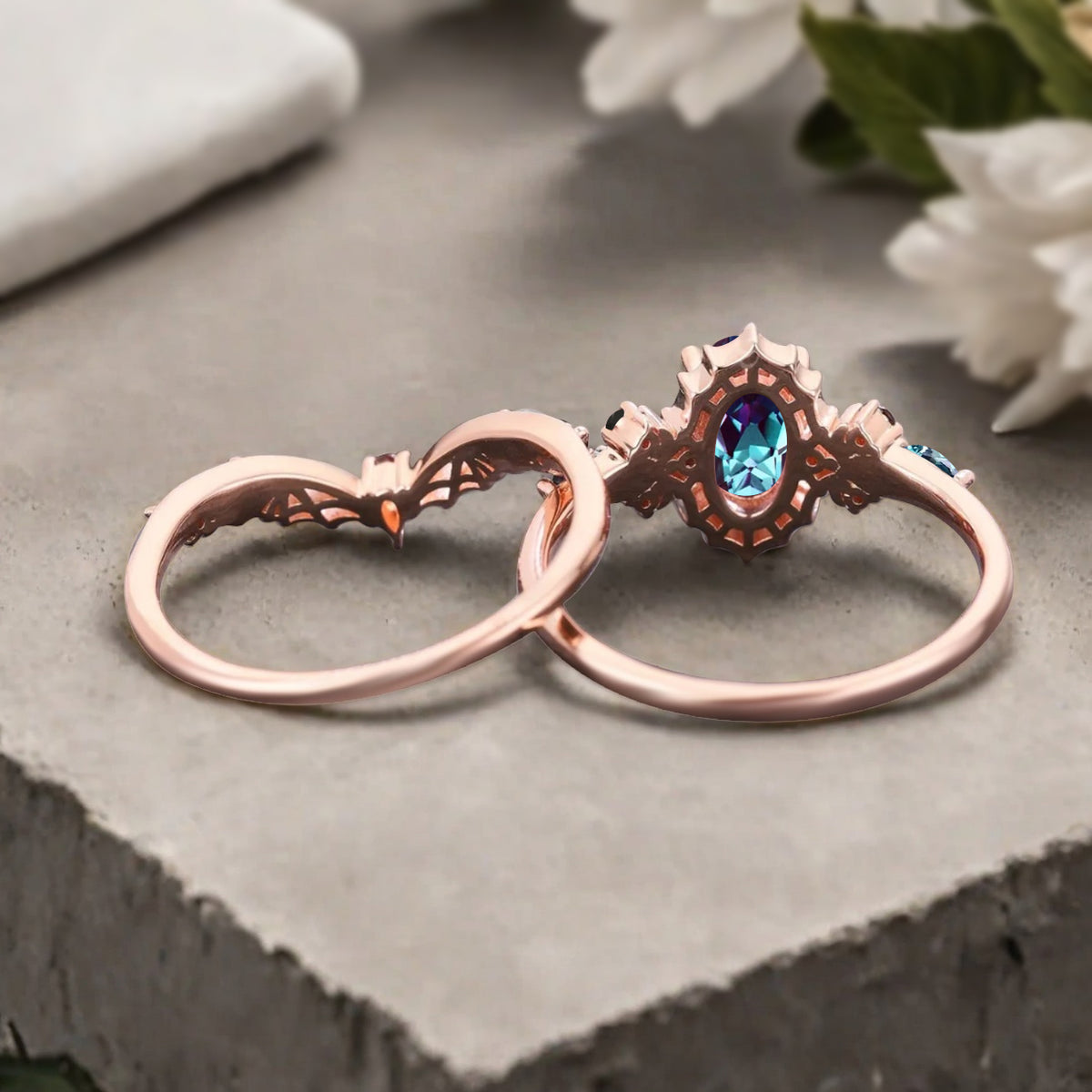 Vintage Oval Cut Lavender Alexandrite Engagement Ring Set Women Unique Rose Gold Black Onyx Bridal Wedding Ring Set Anniversary Gift