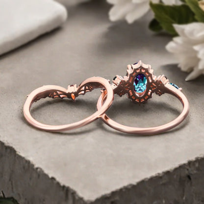Vintage Oval Cut Lavender Alexandrite Engagement Ring Set Women Unique Rose Gold Black Onyx Bridal Wedding Ring Set Anniversary Gift