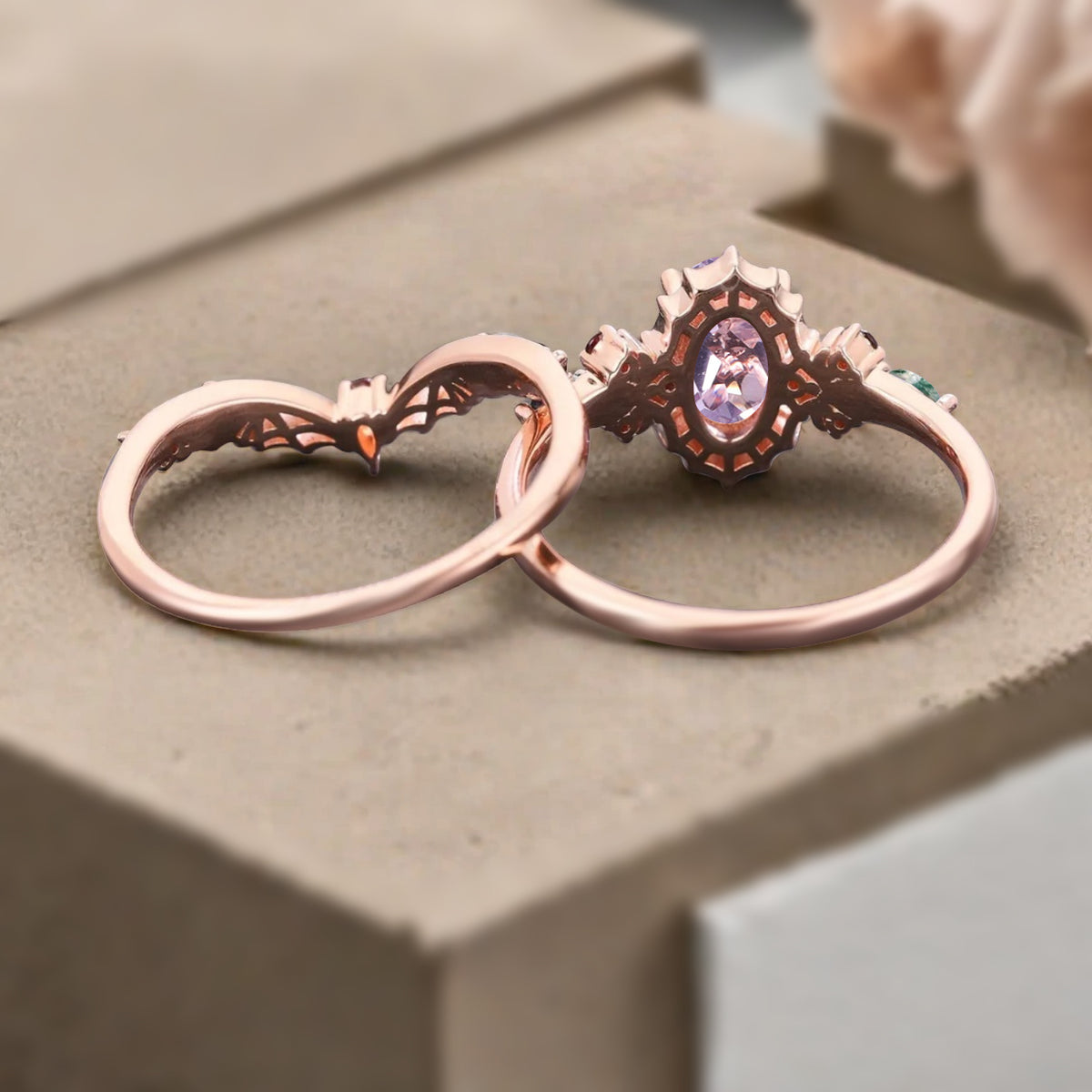 Vintage Oval Cut Lavender Amethyst Engagement Ring Set Women Unique Rose Gold Green Moss Agate Ruby Bridal Wedding Ring Set Anniversary Gift