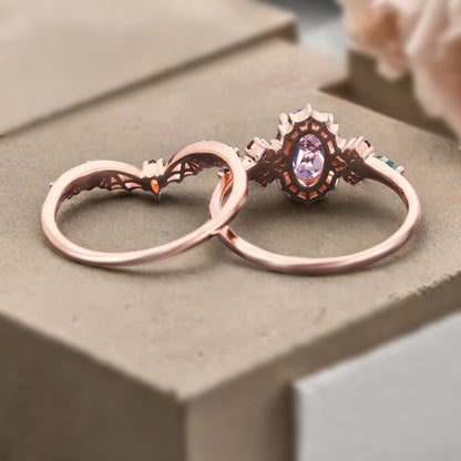 Vintage Oval Cut Lavender Amethyst Engagement Ring Set Women Unique Rose Gold Green Moss Agate Ruby Bridal Wedding Ring Set Anniversary Gift