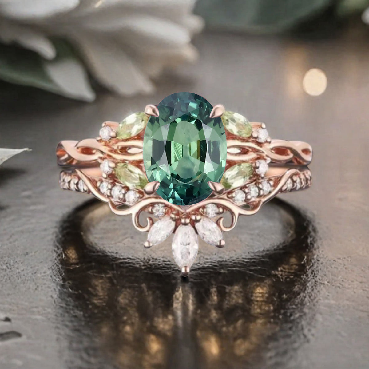 Unique Oval Cut Tsavorite Engagement Ring Set Vintage Rose Gold Art Deco Cluster Peridot Moissanite Bridal Wedding Ring Set Gifts