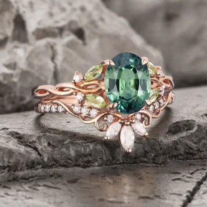 Unique Oval Cut Tsavorite Engagement Ring Set Vintage Rose Gold Art Deco Cluster Peridot Moissanite Bridal Wedding Ring Set Gifts