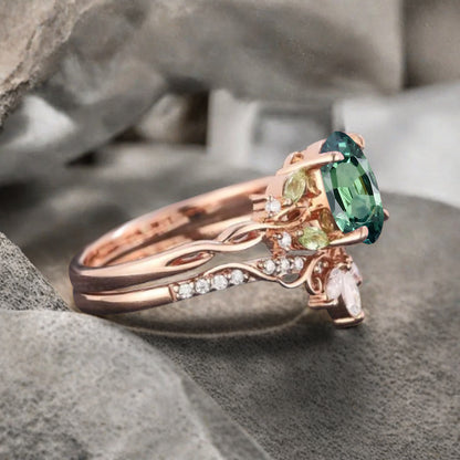 Unique Oval Cut Tsavorite Engagement Ring Set Vintage Rose Gold Art Deco Cluster Peridot Moissanite Bridal Wedding Ring Set Gifts