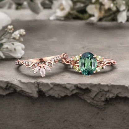 Unique Oval Cut Tsavorite Engagement Ring Set Vintage Rose Gold Art Deco Cluster Peridot Moissanite Bridal Wedding Ring Set Gifts