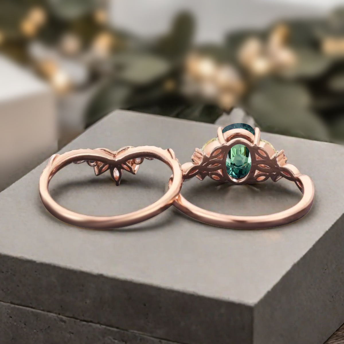 Unique Oval Cut Tsavorite Engagement Ring Set Vintage Rose Gold Art Deco Cluster Peridot Moissanite Bridal Wedding Ring Set Gifts