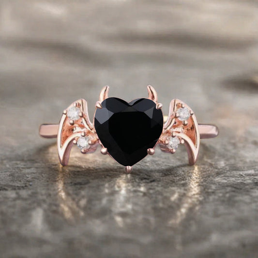 Art Deco Heart Cut Black Onyx Wedding Ring Solid Gold Bat Ring Moissanite Ring Wedding Band Custom Promise Ring Anniversary Gift for Her