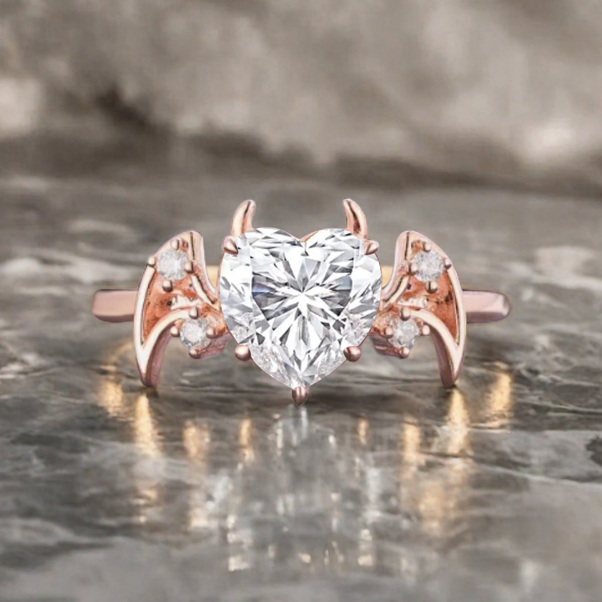 Art Deco Heart Cut Moissanite Wedding Ring Solid Gold Bat Ring Moissanite Ring Wedding Band Custom Promise Ring Anniversary Gift for Her