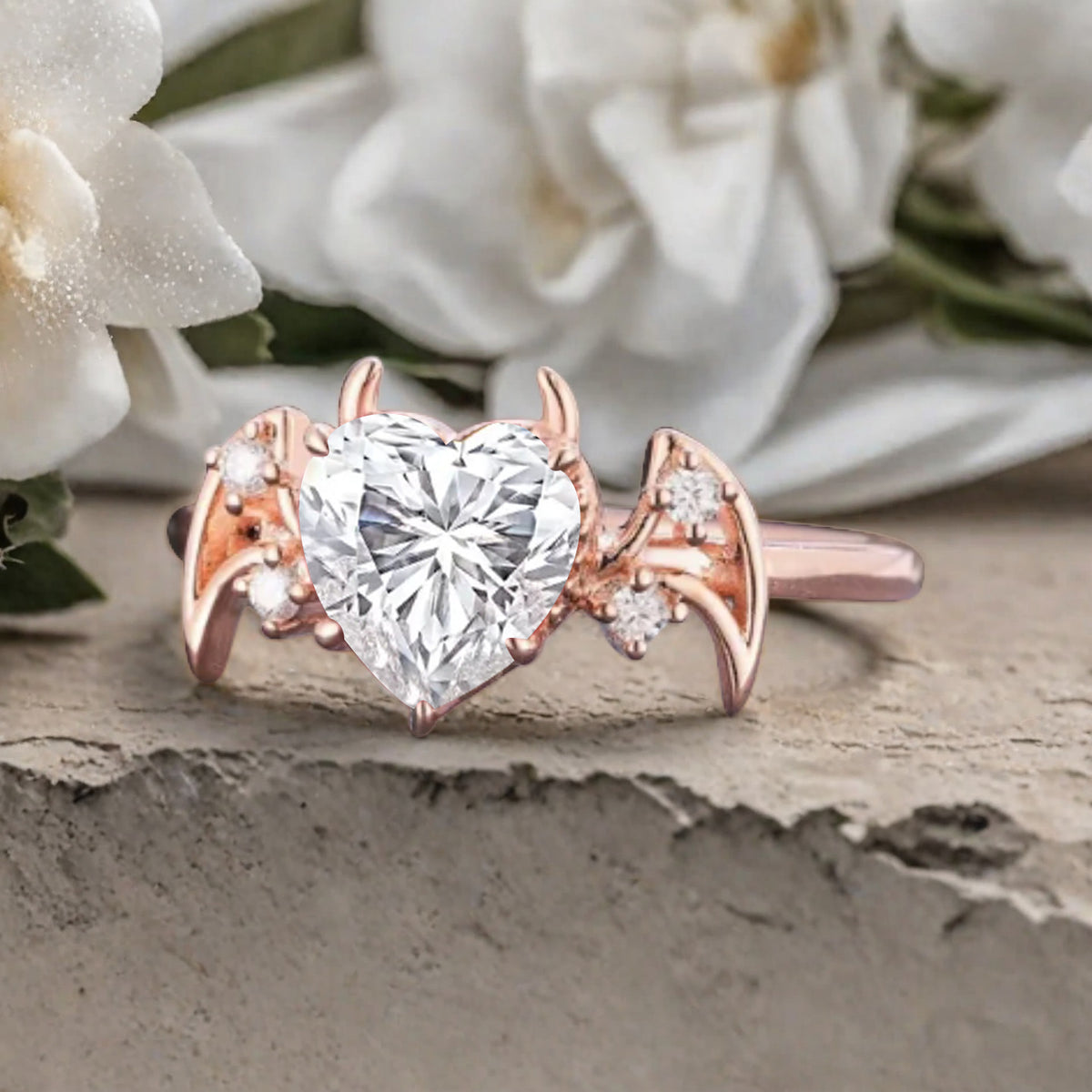Art Deco Heart Cut Moissanite Wedding Ring Solid Gold Bat Ring Moissanite Ring Wedding Band Custom Promise Ring Anniversary Gift for Her