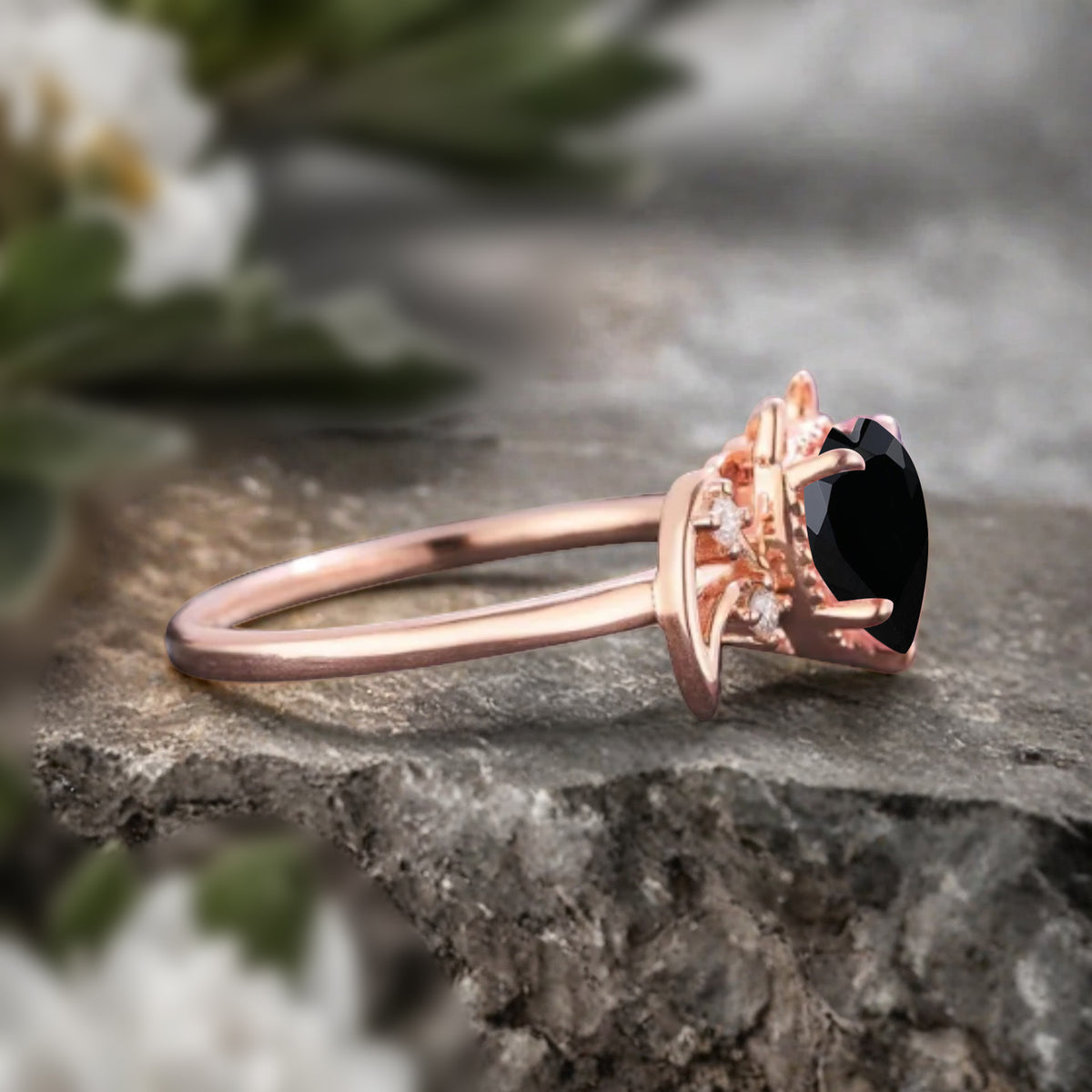 Art Deco Heart Cut Black Onyx Wedding Ring Solid Gold Bat Ring Moissanite Ring Wedding Band Custom Promise Ring Anniversary Gift for Her