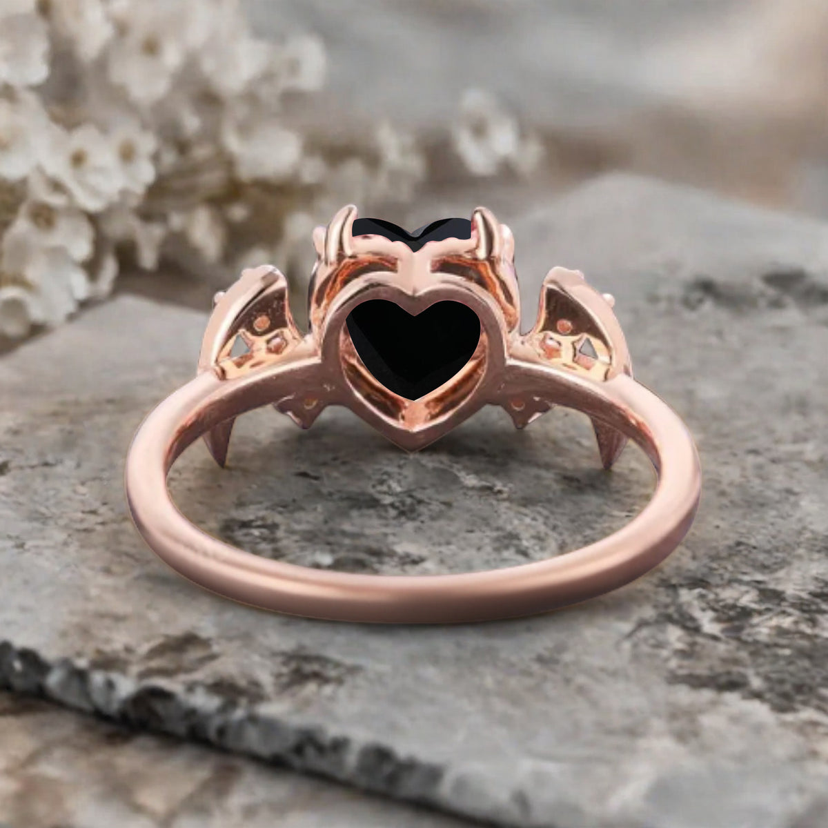 Art Deco Heart Cut Black Onyx Wedding Ring Solid Gold Bat Ring Moissanite Ring Wedding Band Custom Promise Ring Anniversary Gift for Her