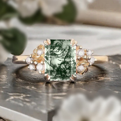 Art Deco Moss Agate Flower Design Gemstone Ring Unique Vintage Emerald Cut Moss Agate Engagement Ring Wedding Promise Ring For Women
