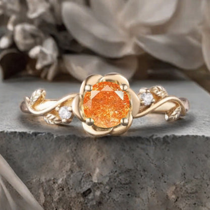 Vintage Sunstone Ring Solid Gold Round Orange Sunstone Flower Leaf Engagement Ring Unique Moissanite Art Deco Promise Ring Anniversary Gift