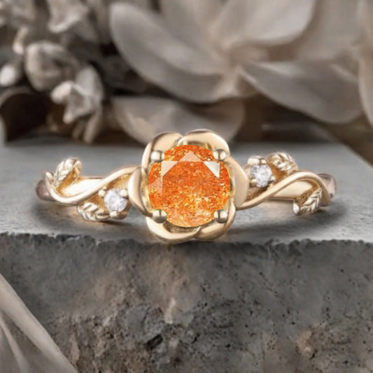 Vintage Sunstone Ring Solid Gold Round Orange Sunstone Flower Leaf Engagement Ring Unique Moissanite Art Deco Promise Ring Anniversary Gift