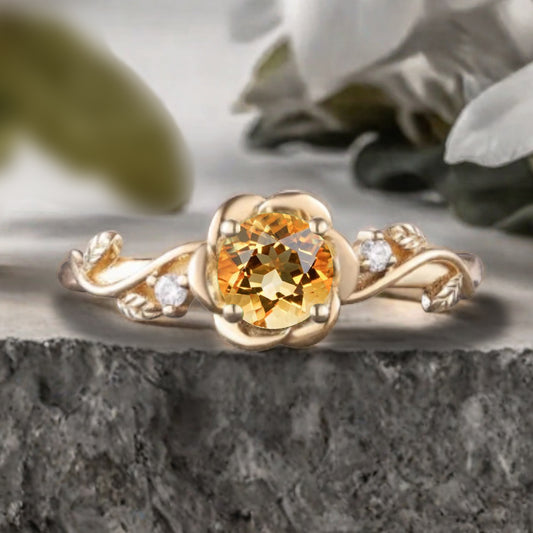 Vintage Citrine Ring Solid Gold Round Yellow Citrine Flower Leaf Engagement Ring Unique Moissanite Art Deco Promise Ring Anniversary Gift