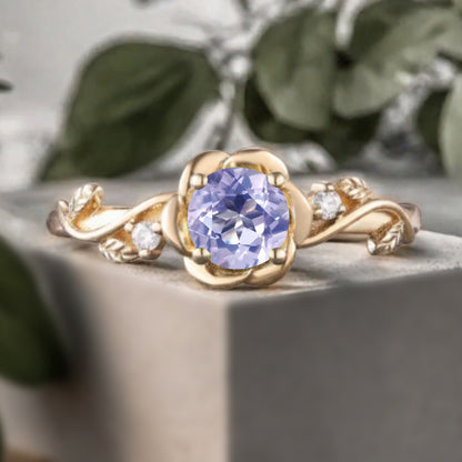 Vintage Amethyst Ring Solid Gold Round Violet Amethyst Flower Leaf Engagement Ring Unique Moissanite Art Deco Promise Ring Anniversary Gift