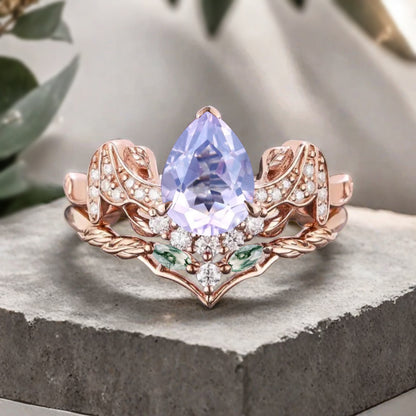 Vintage Pear Cut Amethyst Engagement Ring Set Unique Rose Gold Cluster Moss Agate Bridal Ring Set Bat Wing Wedding Ring Set Anniversary Gift
