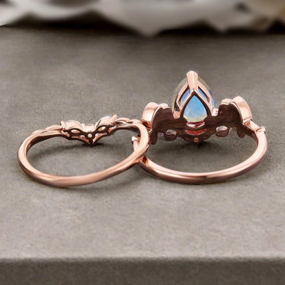 Vintage Pear Cut Moonstone Engagement Ring Set Unique Rose Gold Cluster Moonstone Bridal Ring Set Bat Wing Wedding Ring Set Anniversary Gift